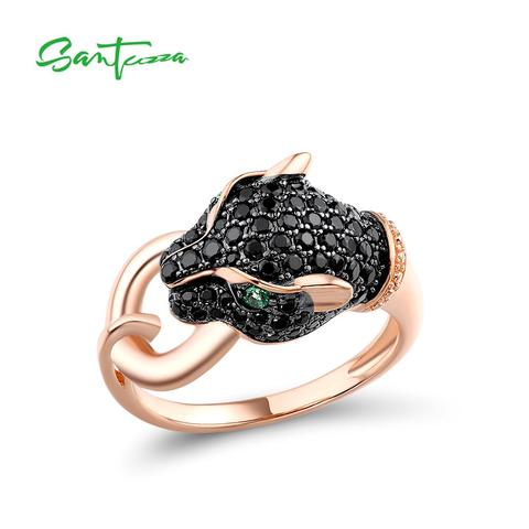 SANTUZZA Silver Ring For Women Pure 925 Sterling Silver Dazzling Black Green Spinel Leopard Panther Trendy Party Fine Jewelry ► Photo 1/6