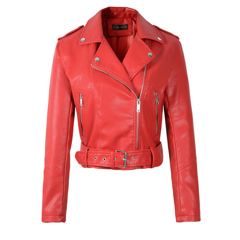 2022 New Women Autumn Winter Faux Soft Leather Jackets Lady White Red Black Green PU Zippers Motorcycle Street Coats with Belt ► Photo 1/6
