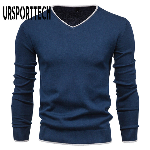 100% Cotton Men's Sweater Pullover V Neck Solid Color Long Sleeve Autumn Slim Fit Sweaters Men Casual Pull Men Clothing 2022 New ► Photo 1/6