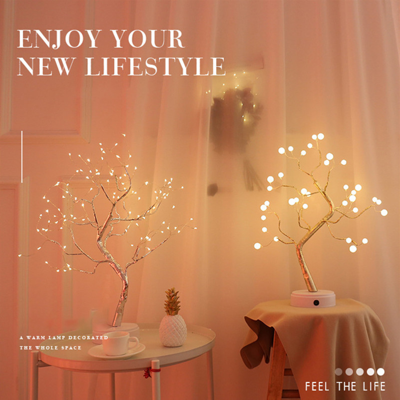 Diy Creative Fire Tree Light, Copper Wire Table Lamp Shade