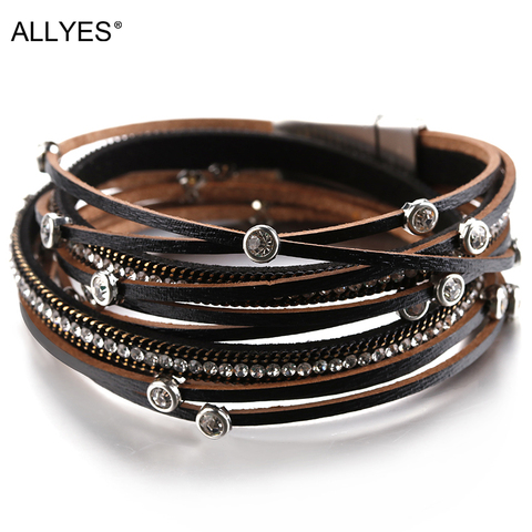 ALLYES Multiple Layers Crystal Charm Bracelet For Women Vintage Leather Bracelets & Bangle Femme Jewelry ► Photo 1/6