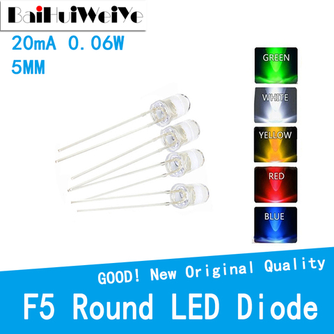 100PCS/LOT Legs UltraBright Red/Green/Blue/White/Yellow Ultra Bright Transparent 5MM Round LED Diode F5 20（mA）0.06 (W) 3V-3.3V ► Photo 1/6