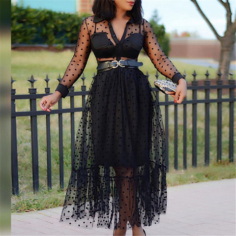 Women Black Mesh Two Pieces Set Polka Dot See Through Transparent Shirts Tops Tulle Skirts Lining Elastic Waist Pleated Jupes ► Photo 1/6