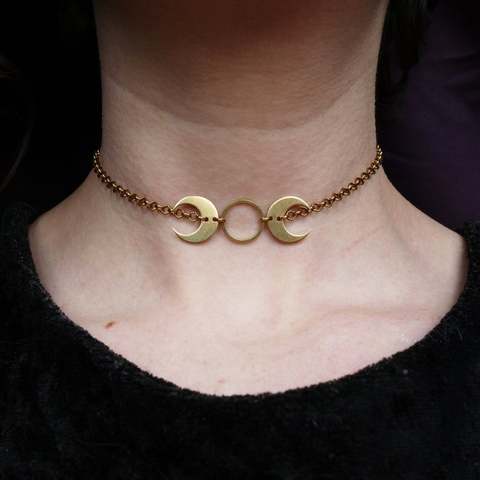 Brass Moon Choker Necklace Crescent Moon Pendant Witchy Jewelry Simple Moon Choker Wiccan Jewelry Pagan Girl Gift ► Photo 1/3