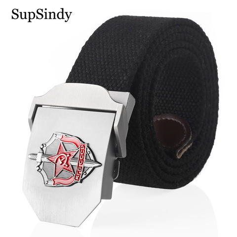 SupSindy Man Canvas Belt 3D Soviet Glory KGB metal buckle jeans Belts for Men CCCP Army Military tactical belts male strap Black ► Photo 1/6