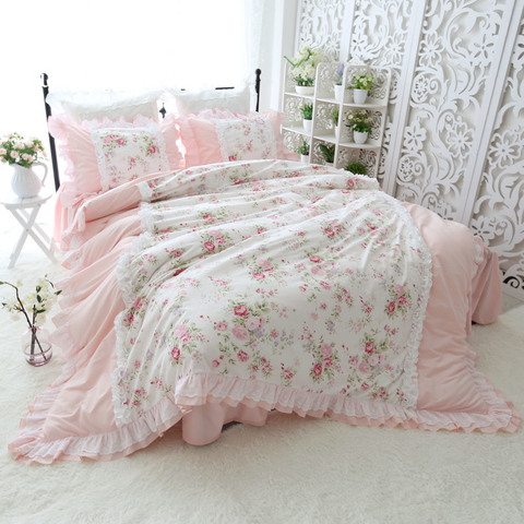 Sweet princess bedding set Heavy wrinkle handmade ruffle lace splice duvet cover pink pastoral king size bedspread HM-22F ► Photo 1/5