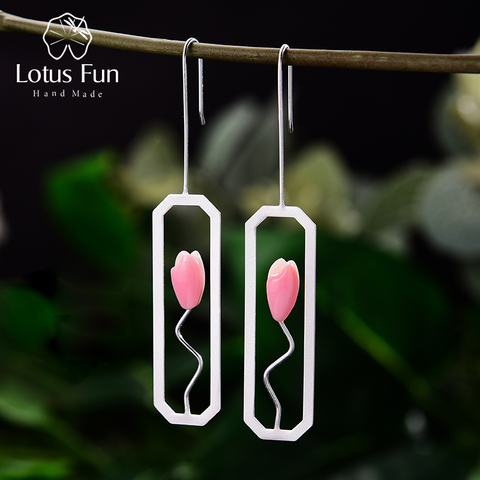 Lotus Fun Natural Shell Lily Flower Dangle Earrings Real 925 Sterling Silver 18K Gold Rectangle Handmade Fine Jewelry for Women ► Photo 1/6