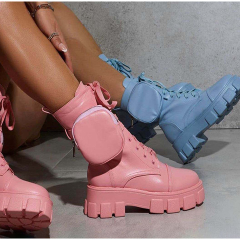 Women's Boots Pocket Lace Up Ladies Motorcycles Boots Female Combat Runway Buckle Strap Zipper Ankle Boot Woman Platform Shoes ► Photo 1/6