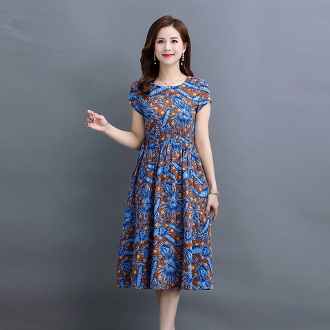 Elegant Women Dresses Ladies O-Neck Short Sleeved Loose Floral Printed Dress Female Vintage Party Robe Vestidos Plus Size ► Photo 1/6