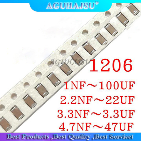 100pcs 1206 SMD 1PF-100UF X7R Error 5% 10pF 100pF 470pF 100nF 220nF 1UF 10uf 47UF 2.2UF 22UF Multilayer Ceramic Capacitor ► Photo 1/1