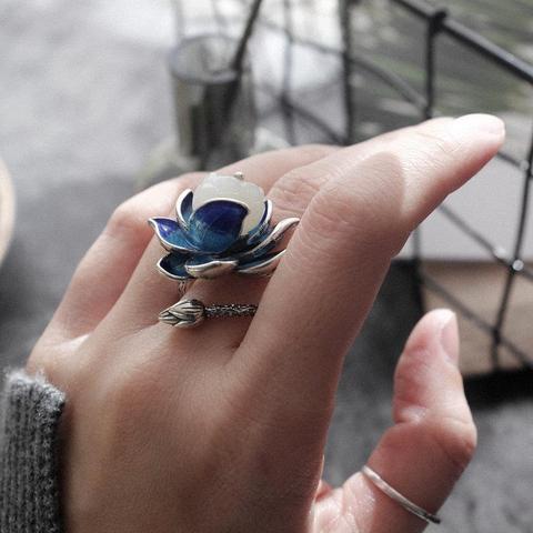 Natural Hetian white jade enamel porcelain lotus canopy open ring Chinese retro designer style original design silver jewelry ► Photo 1/6