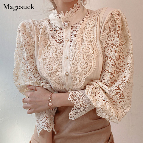 New 2022 Sweet Hollow Out Lace Patchwork Women Blouse Chic Button White Top Petal Sleeve Flower Stand Collar Shirt Blusas 12419 ► Photo 1/6