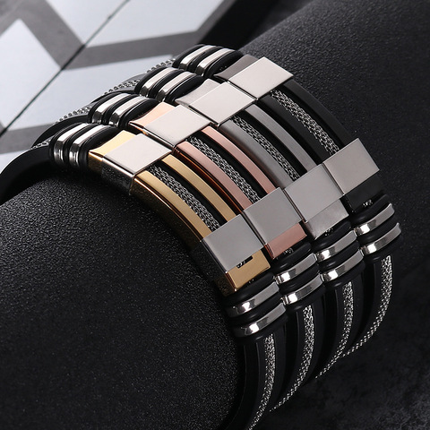 2022 Stainless Steel Silicone Black Bracelet Men WristBand Punk Style New Design Men Bracelet Simple Rubber Charm Pulsera Hombre ► Photo 1/6