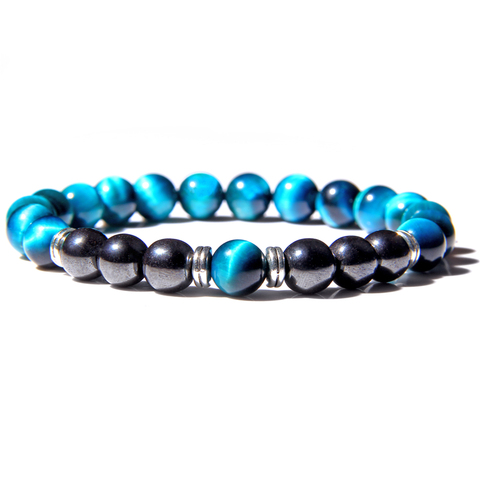 Natural Polished Blue Tiger Eye Stone Bracelets For Women Men Fashion Classic Elastic Hematite Bracelets Femme Bangle  Jewelry ► Photo 1/6