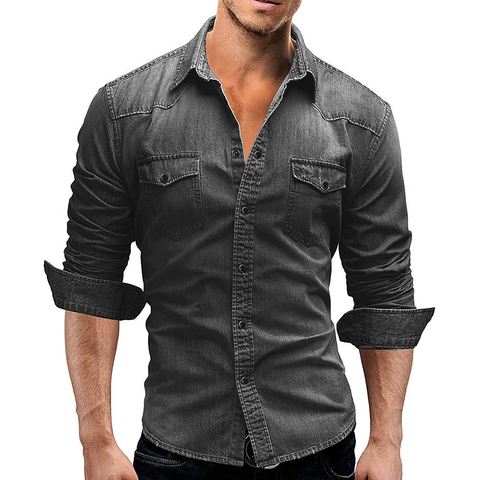Denim Shirt Men 2022 Mes Cotton Jeans Shirt Fashion Autumn Slim Long Sleeve Male Cowboy Shirt Stylish Wash Slim Tops Asian Size ► Photo 1/6