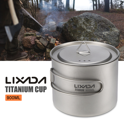 Lixada 900ml / 1600ml Titanium Cup Pot Ultralight Portable Cup with Lid and Foldable Handle Outdoor Camping Hiking Backpacking ► Photo 1/6