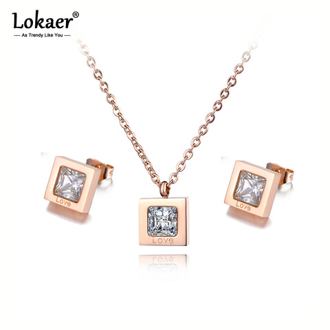 Lokaer Trendy Square CZ Crystal Lovely Necklace Earrings Bridal Sets Titanium Steel Engagement Wedding Jewelry For Women SE023 ► Photo 1/6