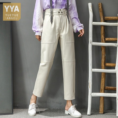 High Waist Genuine Leather Pants Women Casual Loose Fit Sashes Sheepskin Harem Pants Office Lady Ankle Length Straight Trousers ► Photo 1/6