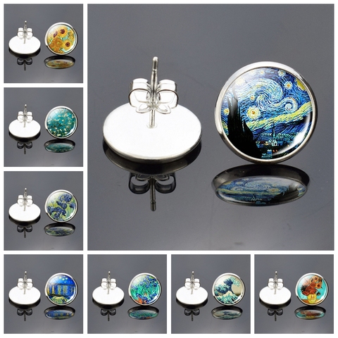 Dropshipping Stud Earrings Van Gogh Art Oil Painting Picture Glass Cabochon Earrings Women Jewelry Christmas Gifts ► Photo 1/6