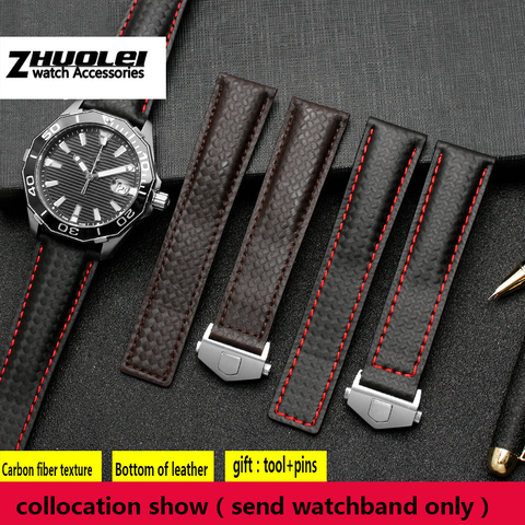 Carbon fiber texture genuine leather bottom watchband For brand wristband men's straps 19mm 20mm 22mm with folding buckle ► Photo 1/6