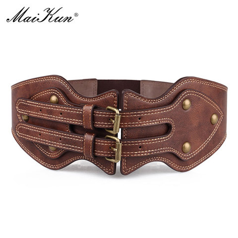 Maikun Belt Crazy Horse Leather Double Pin Buckle Women's Elastic Wide Belt All-match Women's Coat Girdle ► Photo 1/6