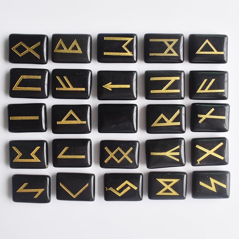 Wholesale 25pcs/lot Natural black onyx Viking Runes Amulet Set Reiki Healing Crystals Divination Tumbled rectangle Stones free ► Photo 1/6