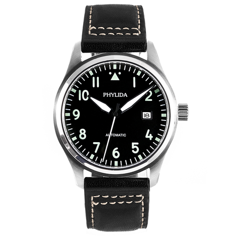 42mm Black Pilot Watch 5ATM JAPAN MIYOTA Automatic Domed Sapphire Crystal Full Lumed Genuine Leather Strap ► Photo 1/6