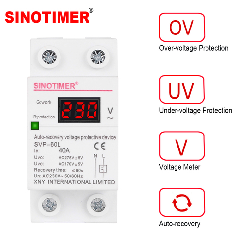 230V AC 40A Digital Din Rail Automatic Recovery Over Under Voltage Protector with Voltmeter Display ► Photo 1/6