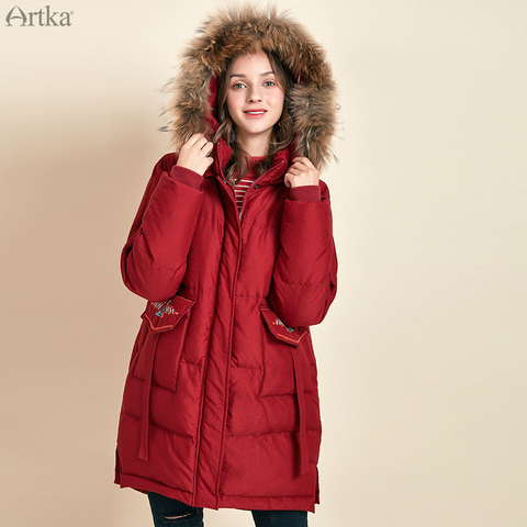 ARTKA 2022 Winter New Women Vintage Embroidery 90% White Duck Down Coat Raccoon Fur Collar Hooded Thick Loose Down Coat ZK10492D ► Photo 1/6