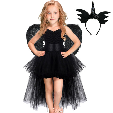 Girls Black Devil Unicorn Tutu Dress V-Neck Train Fallen Dark Angel Fancy Party Dress Carnival Halloween Costume for Kids 1-14Y ► Photo 1/6