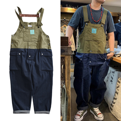 Contrast Stitch Bib Overalls Trousers Mens Safari Cargo Work Pants Functional Multiple Pockets Denim Pant Coveralls Men Jeans ► Photo 1/6