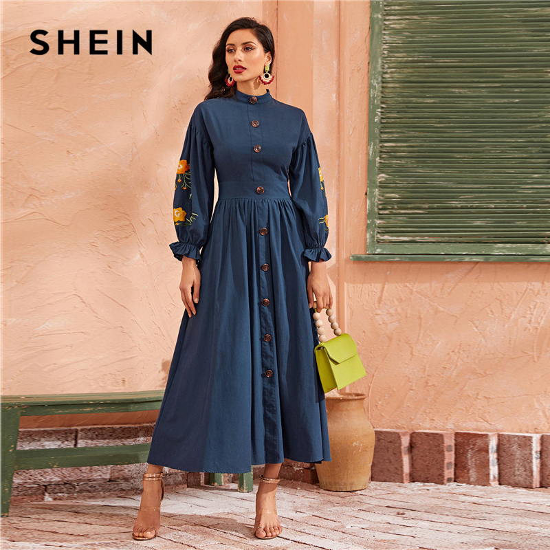 SHEIN Abaya Navy Embroidery Detail Lantern Sleeve Flare Dress Women Autumn  Button Front Elegant A Line Empire Maxi Dresses - Price history u0026 Review |  AliExpress Seller - SheIn Official Store | Alitools.io