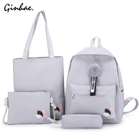 Women 4Pcs Canvas Backpack Flower Embroidery Girls Rucksack Large Capacity Female Shoulder Bag Cute Fur Ball Student School Bags ► Photo 1/6