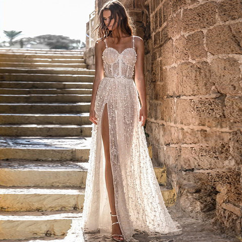 Verngo Beach Wedding Dress Boho Flowers Wedding Gowns 2022 Elegant Lace Appliques Bride Dress Luxury Sexy Side Slit Dress ► Photo 1/5