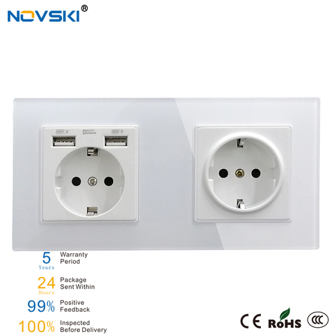 NOVSKI Dual USB Multi Frame Electrical Socket,  EU German Power Socket 16A 110-250V Crystal Glass Panel White ► Photo 1/6