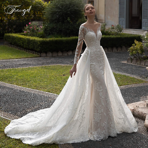 Traugel Scoop Mermaid 2 IN 1 Wedding Dress Appliques Long  Sleeve Lace Bride Dress Detachable Court Train Wedding Gown Plus Size ► Photo 1/6