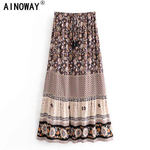 Vintage chic fashion Hippie women beach Bohemian purple floral print skirt High Elastic Waist   A-Line Boho Maxi Skirt Femme ► Photo 1/6