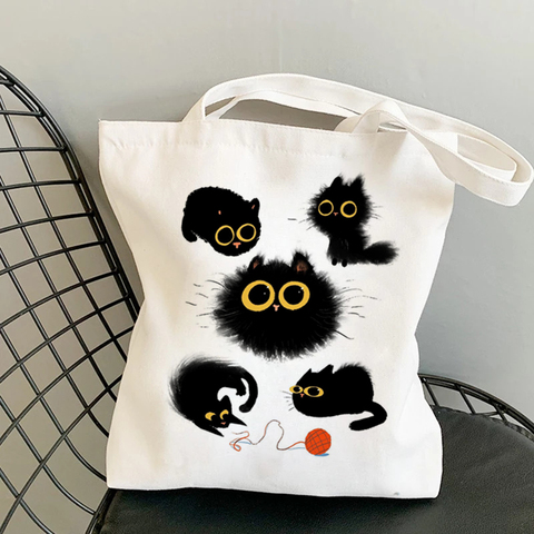 Cute Tote Bag Animals Black Cat Print Canvas Bag Eco Shopping Bag Daily Use Foldable Handbag Large Capacity Canvas Tote Women ► Photo 1/6