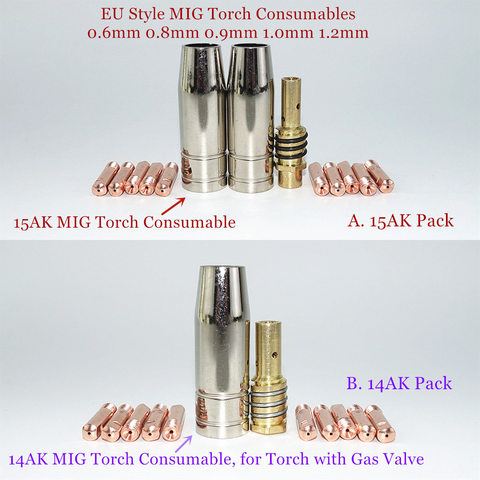 MIG Torch Consumables 0.6mm 0.8mm 0.9mm 1.0mm 1.2mm Welding Tips Gas Nozzles Diffuser for EU Style 14AK 15AK Welding Torch ► Photo 1/6