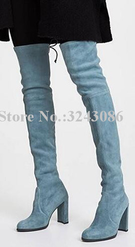 Sky Blue Suede Chunky Heel Women Long Boots Sexy Elastic Thin Legs Over the Knee Boots Celebrity Banquet Shoes Dropship ► Photo 1/6