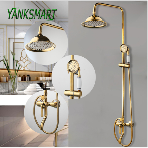 YANKSMART Luxury Golded Bathroom Rainfall Shower Faucet Set Wall Mounted Round Handshower Concealed Install Single Mixer Tap ► Photo 1/6