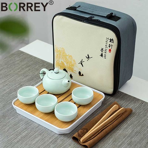 BORREY Portable Travel Tea Set Ceramic Teapot Cup With Bamboo Tea Tray Tea Towel Clip Chinese Kung Fu Tea Set Puer Oolong Teapot ► Photo 1/6