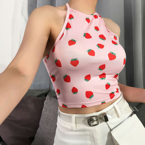 Chic Strawberry Sexy Strap Bralette Crop Top Sexy Sleeveless Halter Tops Women Off Shoulder Summer Tank Top Fashion Slim hot ► Photo 1/6