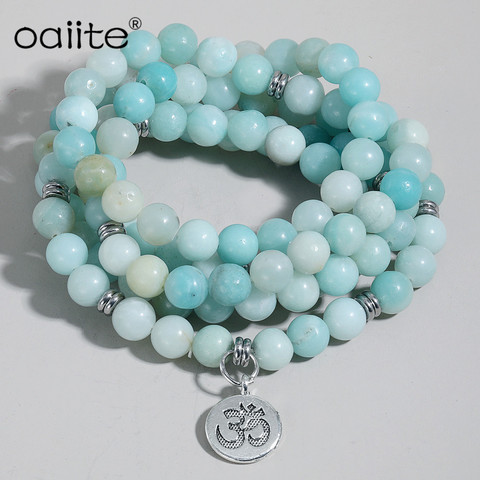 8MM Natural Stone Amazonite Mala Bracelet Lotus Pendant Bracelets Men Women Unisex 108 Prayer Beads Necklace Yoga Healing Jewery ► Photo 1/5