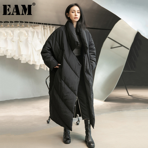 [EAM] Loose Fit Black Long Down Jacket New Stand Collar Long Sleeve Warm Women Parkas Fashion Tide Autumn Winter 2022 1DD1640 ► Photo 1/6