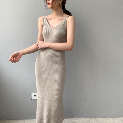 RZIV 2022 Autumn winter female dress slim casual solid color knit vest dress sling harness sweater dress ► Photo 1/6