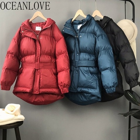 OCEANLOVE Solid Thick Winter Jacket Women Hooded Warm Zipper Sashes Korean Coat Women 2022 Vintage Stand Collar Outwear 13048 ► Photo 1/6