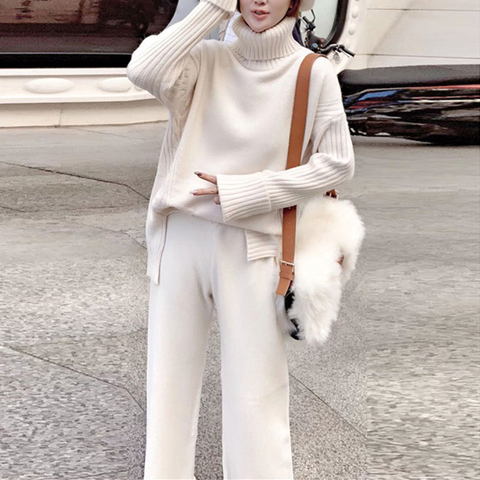 Sweater Set Women Winter Knitted Suits 2 Piece Set Soild Turtleneck Sweater + Loose Trousers Office Lady Suit 2022 Warm Pullover ► Photo 1/6