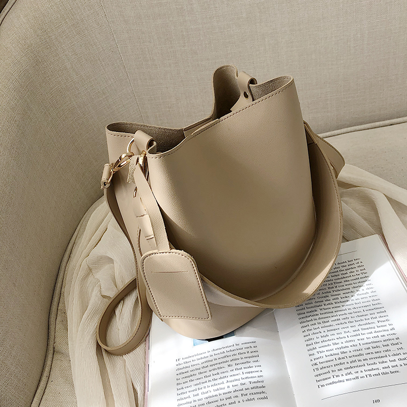 Women PU Leather Wide Strap Bucket Bags Shoulder Crossbody Bag Handbag Stylish 
