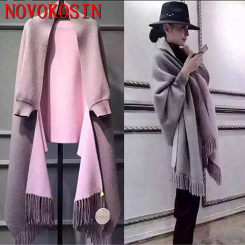 SC2 2022 Oversize Out Wear Scarf Winter Knitted Poncho Women Solid Design Cloak Female Long Batwing Sleeves Coat Vintage Shawl ► Photo 1/6